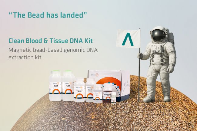 Astronaut holding an INTEGRA flag beside Clean Blood & Tissue DNA Kit bottles with the text 'The Bead has landed', promoting magnetic bead-based genomic DNA extraction kit.